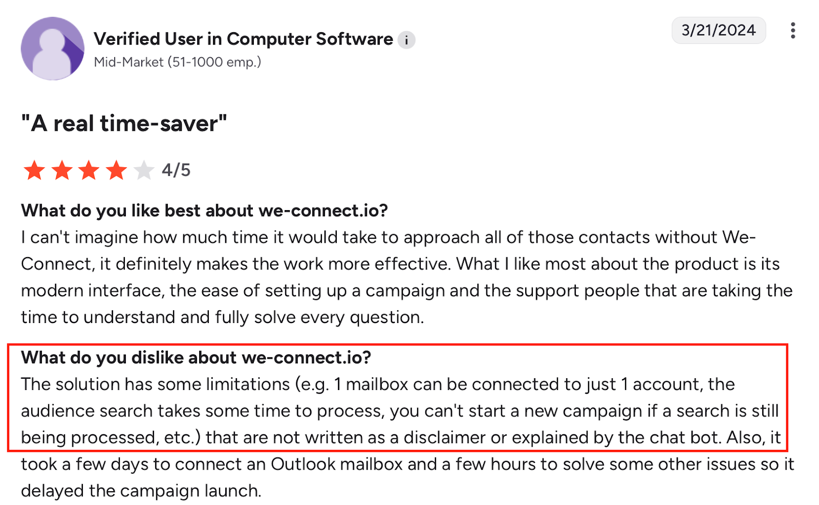We-Connect G2 review noting time savings and campaign setup limitations
