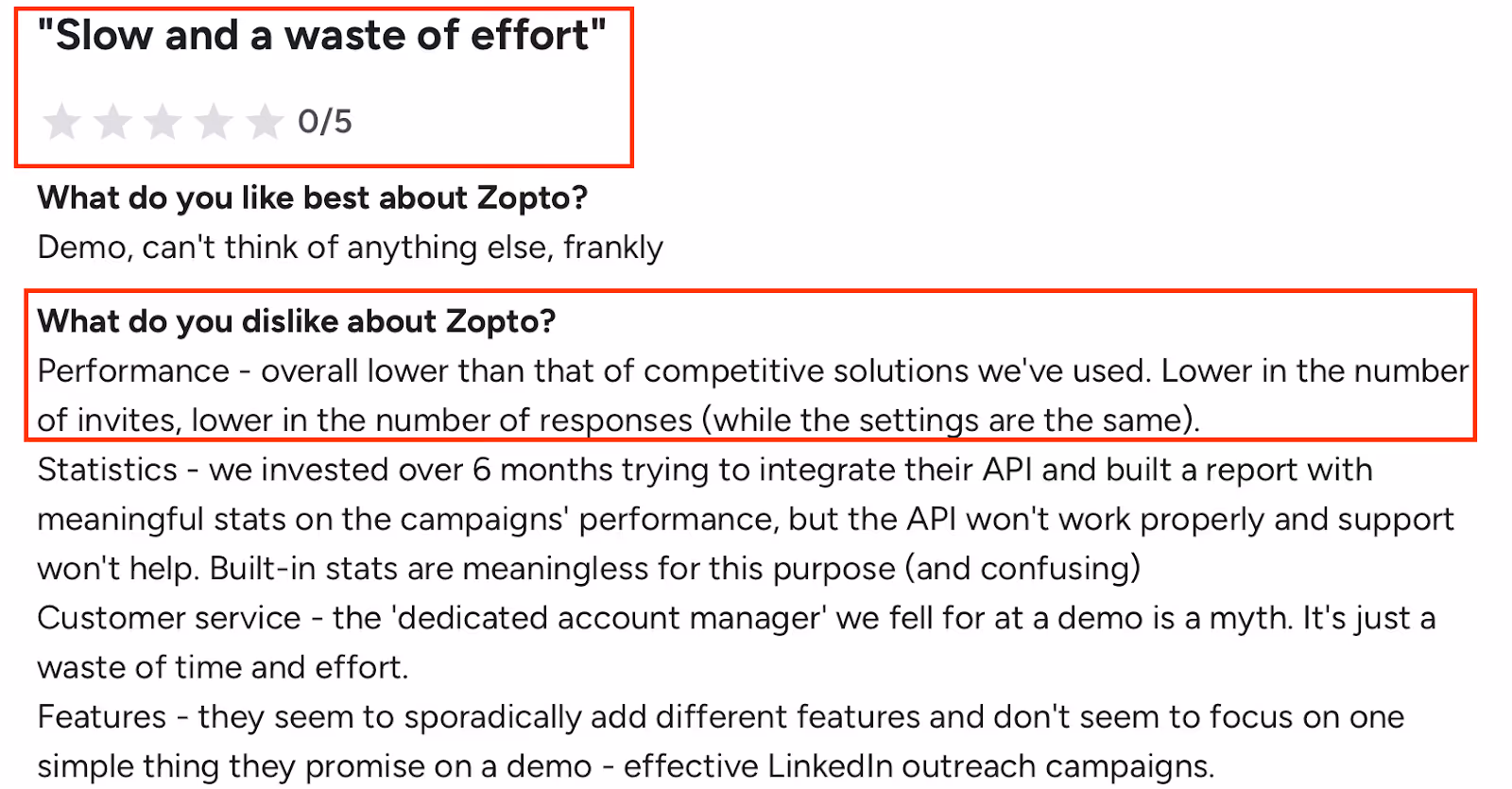 Zopto G2 review criticizing slow performance and low outreach results