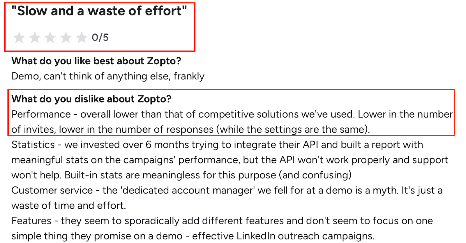 Zopto G2 review criticizing slow performance and low outreach results