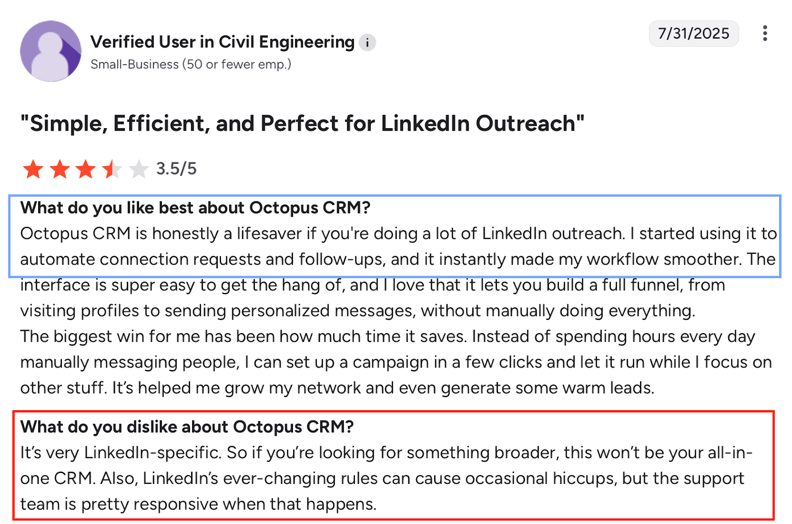 Octopus CRM G2 review highlighting ease of LinkedIn outreach and LinkedIn-only limitation