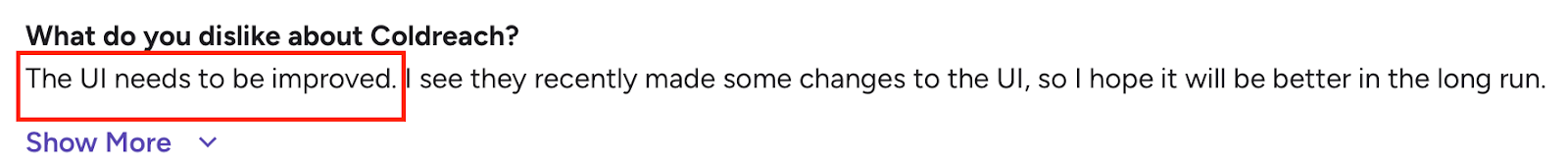 G2 review highlighting a user’s feedback that Coldreach’s UI needs improvement, noting that the team has recently updated the interface and is expected to enhance it further in the long run.