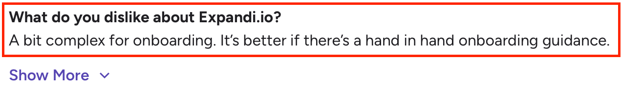 G2 review highlighting Expandi.io’s onboarding complexity and the need for more guided setup support.