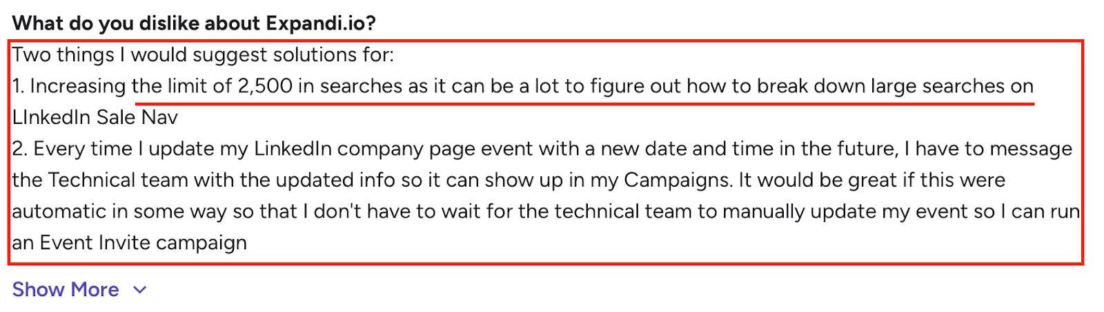 G2 review mentioning Expandi.io limitations, search limit of 2,500 results and manual event updates on LinkedIn campaigns.