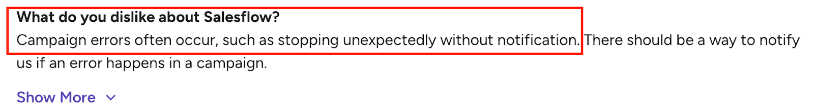 G2 review mentioning Salesflow campaign errors that stop unexpectedly without notifications, suggesting better error alerts.