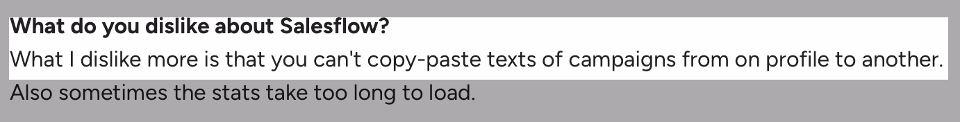 G2 review noting Salesflow’s limitations in copying campaign texts between profiles and slow stats loading times.