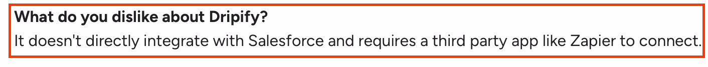 G2 review noting Dripify’s lack of direct Salesforce integration and reliance on third-party tools like Zapier for connectivity.