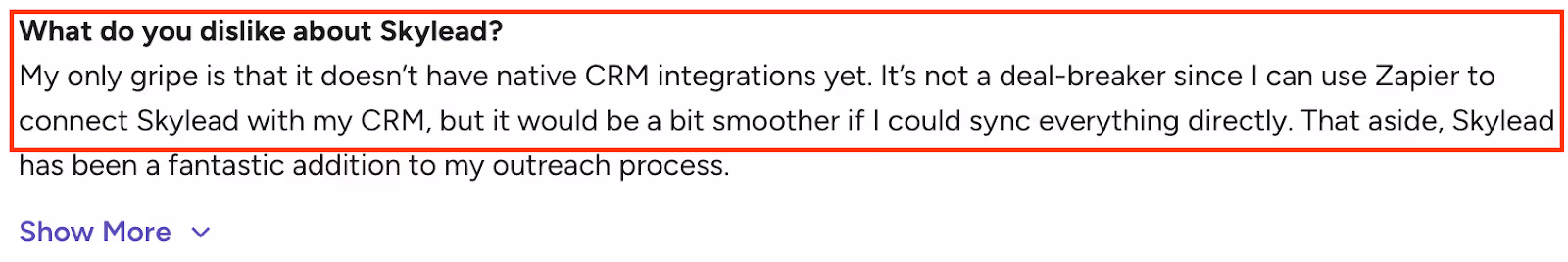 G2 review noting Skylead’s lack of native CRM integrations, requiring Zapier for connections, and suggesting smoother direct syncing. 