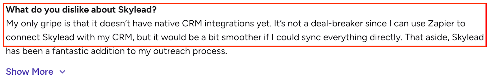 G2 review noting Skylead’s lack of native CRM integrations, requiring Zapier for connections, and suggesting smoother direct syncing. 
