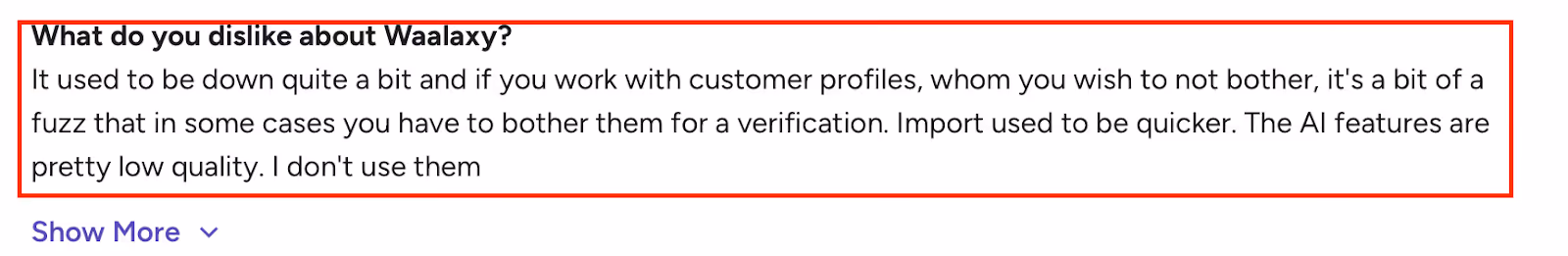 G2 review pointing out Waalaxy’s downtime, slow imports, verification hassles, and poor-quality AI features.