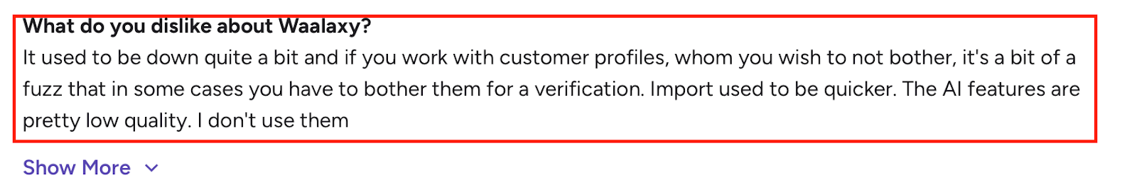 G2 review pointing out Waalaxy’s downtime, slow imports, verification hassles, and poor-quality AI features.