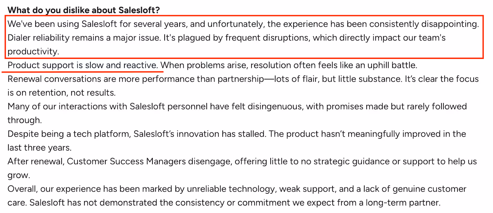G2 review criticizing Salesloft for unreliable dialer performance, frequent disruptions, and slow, reactive product support.