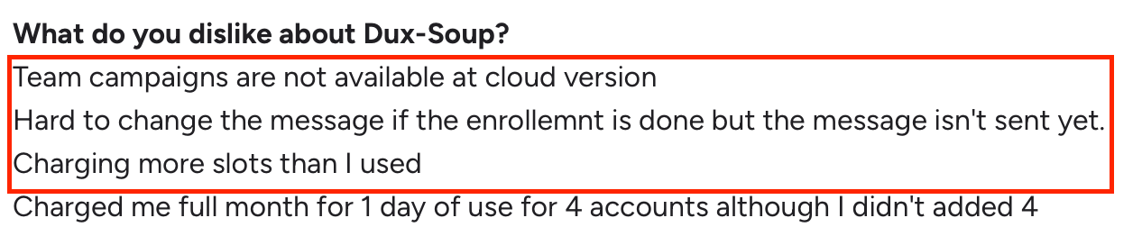 G2 review mentioning Dux-Soup’s lack of team campaigns in cloud version, difficulty editing unsent messages, and inaccurate billing.