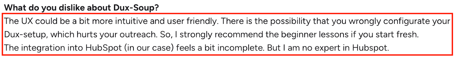 G2 review stating Dux-Soup’s UX is not very intuitive, setup can be confusing, and HubSpot integration feels incomplete.