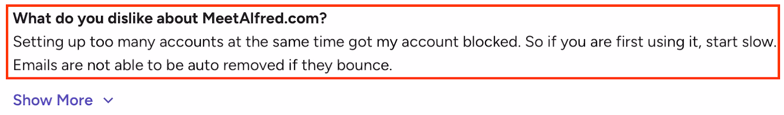 G2 review describing MeetAlfred issues like account blockage when adding multiple accounts and lack of automatic email bounce removal.