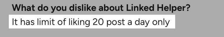 G2 review mentioning Linked Helper’s limitation of allowing only 20 post likes per day.