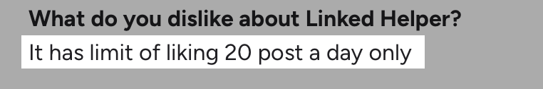 G2 review mentioning Linked Helper’s limitation of allowing only 20 post likes per day.