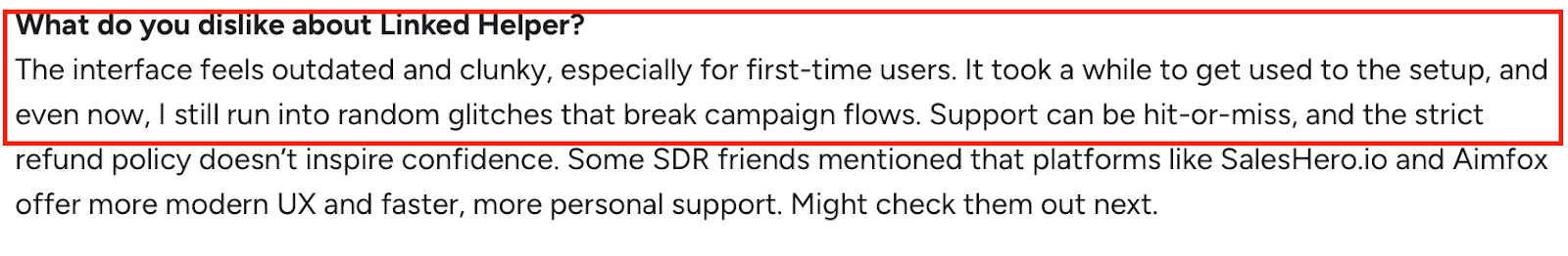 G2 review criticizing Linked Helper’s outdated interface, setup difficulty, random glitches, unreliable support, and strict refund policy.