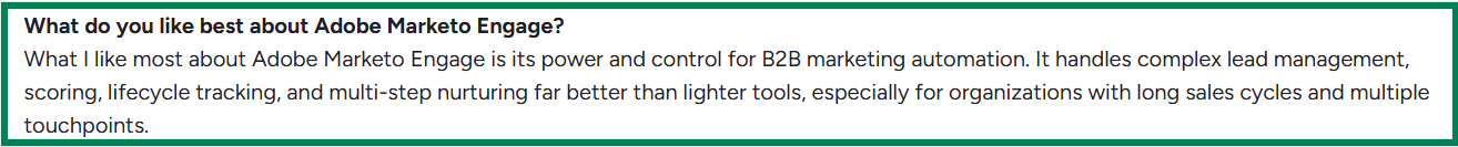 Adobe Marketo G2 review about B2B automation