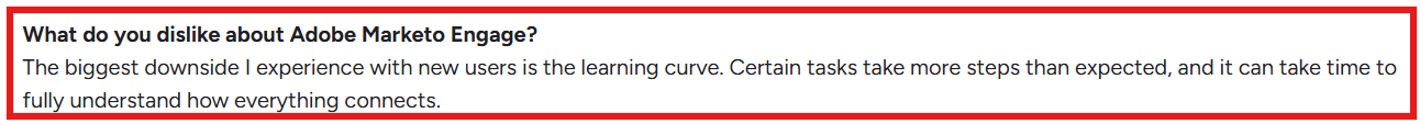 Adobe Marketo G2 review about steep learning curve
