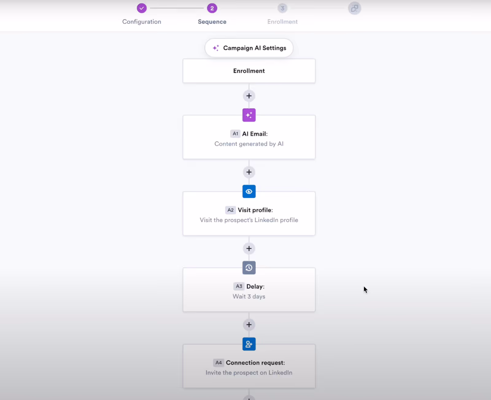 Chronological order of the campaign sequenceOverloop builds multi-step outreach campaigns. 