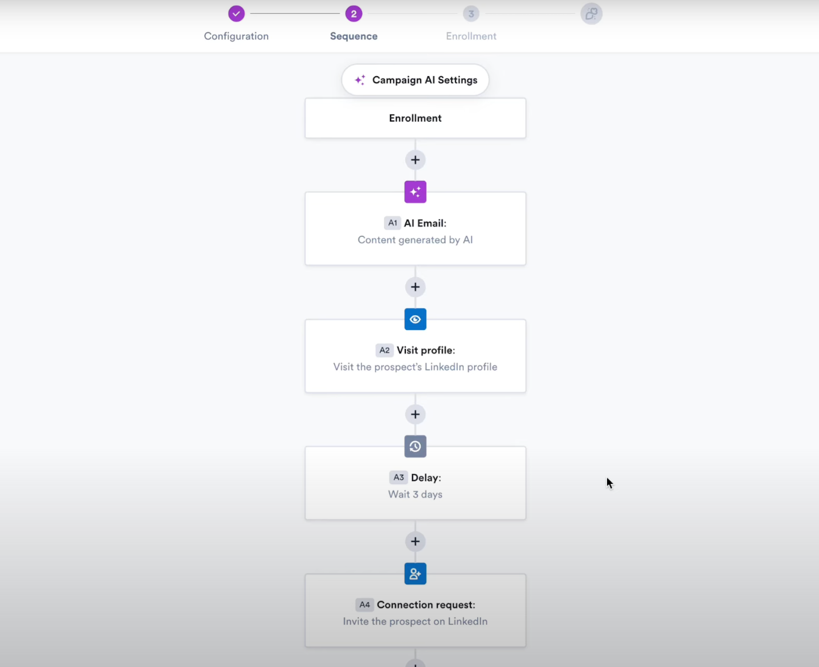 Chronological order of the campaign sequenceOverloop builds multi-step outreach campaigns. 