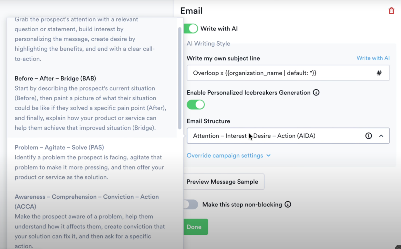 AI email writer in Overloop