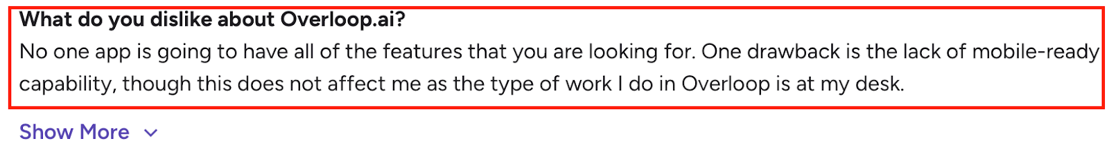 Review text highlighting that Overloop.ai’s drawback is no mobile-ready support.