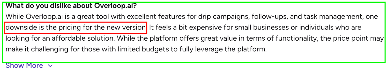 Review text highlighting that Overloop.ai’s drawback is no mobile-ready support.