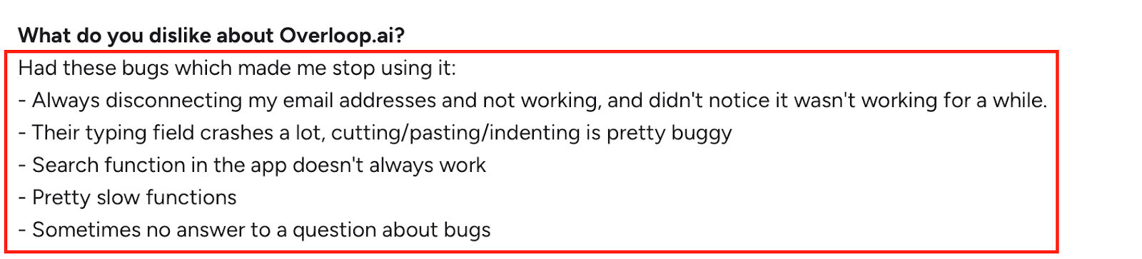 Screenshot of a review listing bugs in Overloop.ai, including crashes, slow features, and email disconnect issues.
