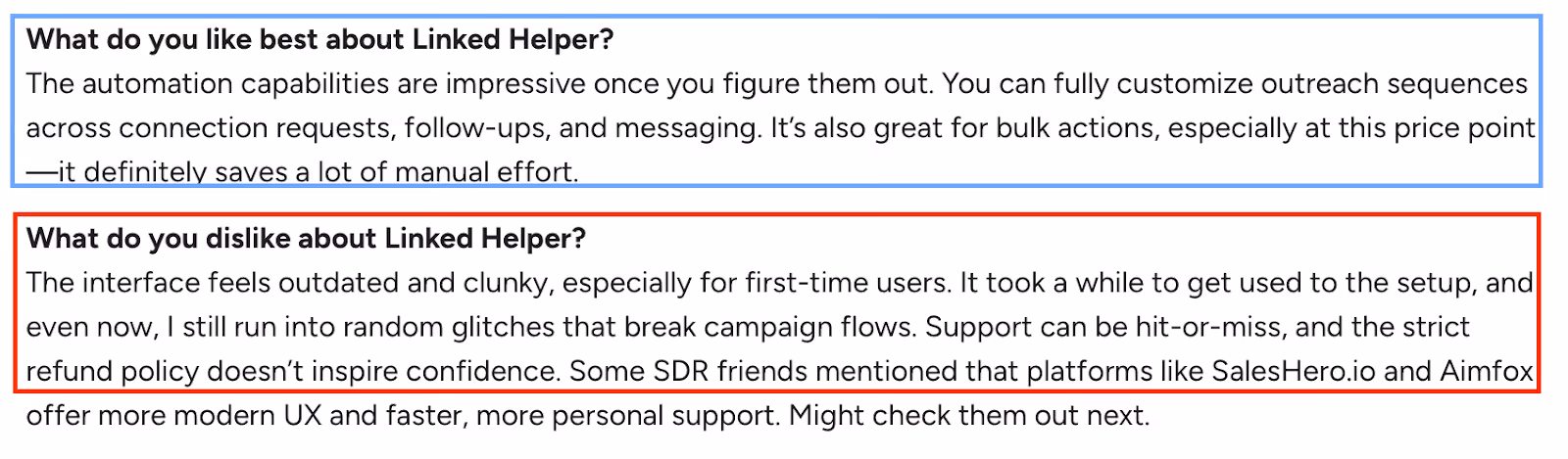 Screenshot of a review praising Linked Helper’s strong automation but criticizing its outdated UI, glitches, and unreliable support.