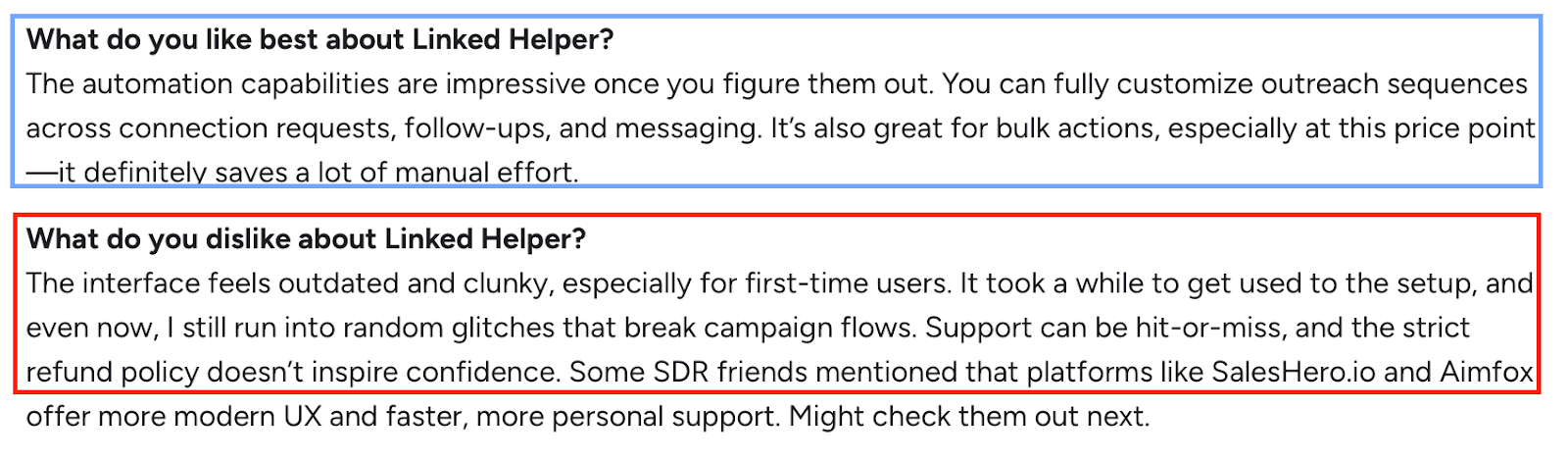Screenshot of a review praising Linked Helper’s strong automation but criticizing its outdated UI, glitches, and unreliable support.