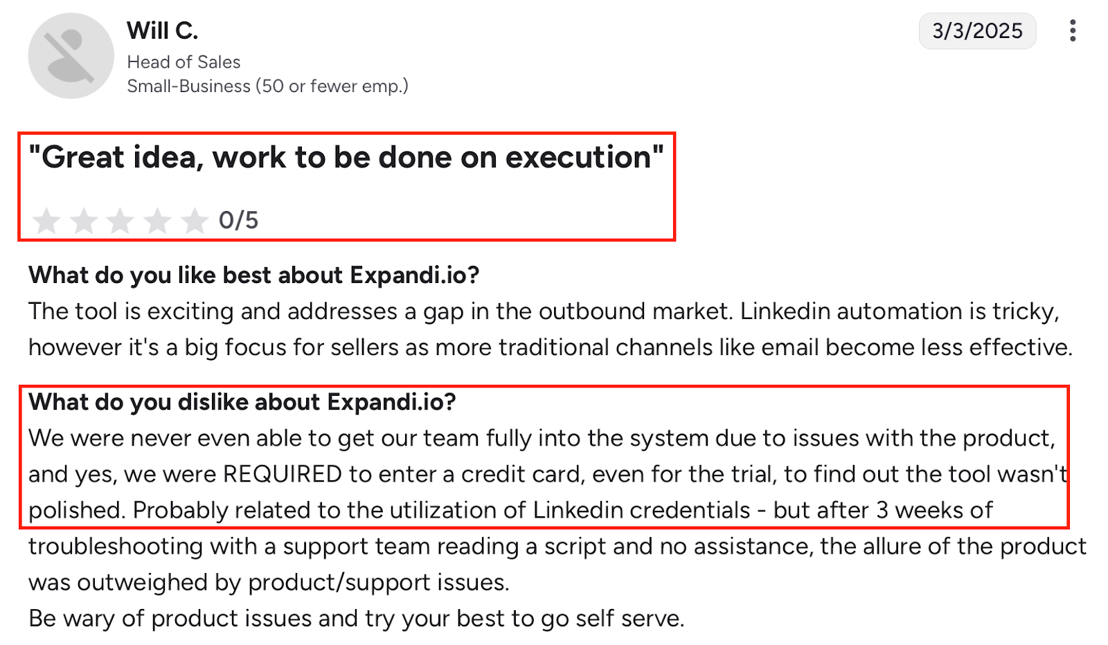 Negative G2 review of Expandi highlighting execution, onboarding, and support issues.