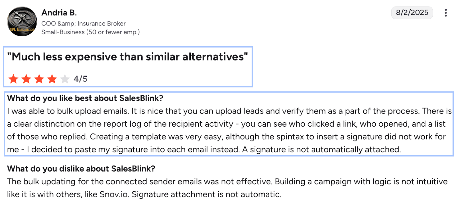 Screenshot of a SalesBlink review praising bulk email upload and reporting, but noting issues with signature insertion and sender email updates
