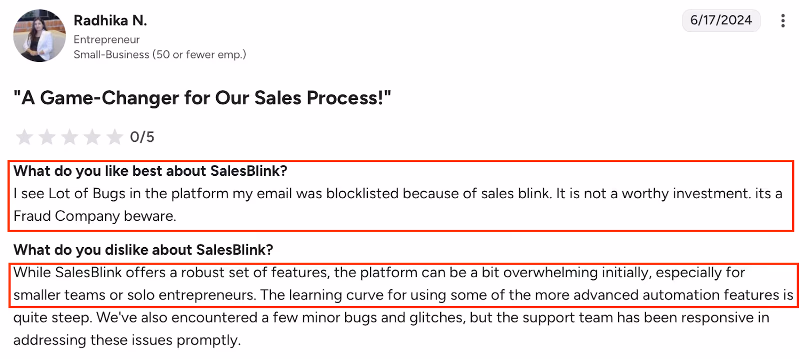 Screenshot of a SalesBlink review mentioning email blocklisting, bugs, steep learning curve, and being overwhelming for small teams