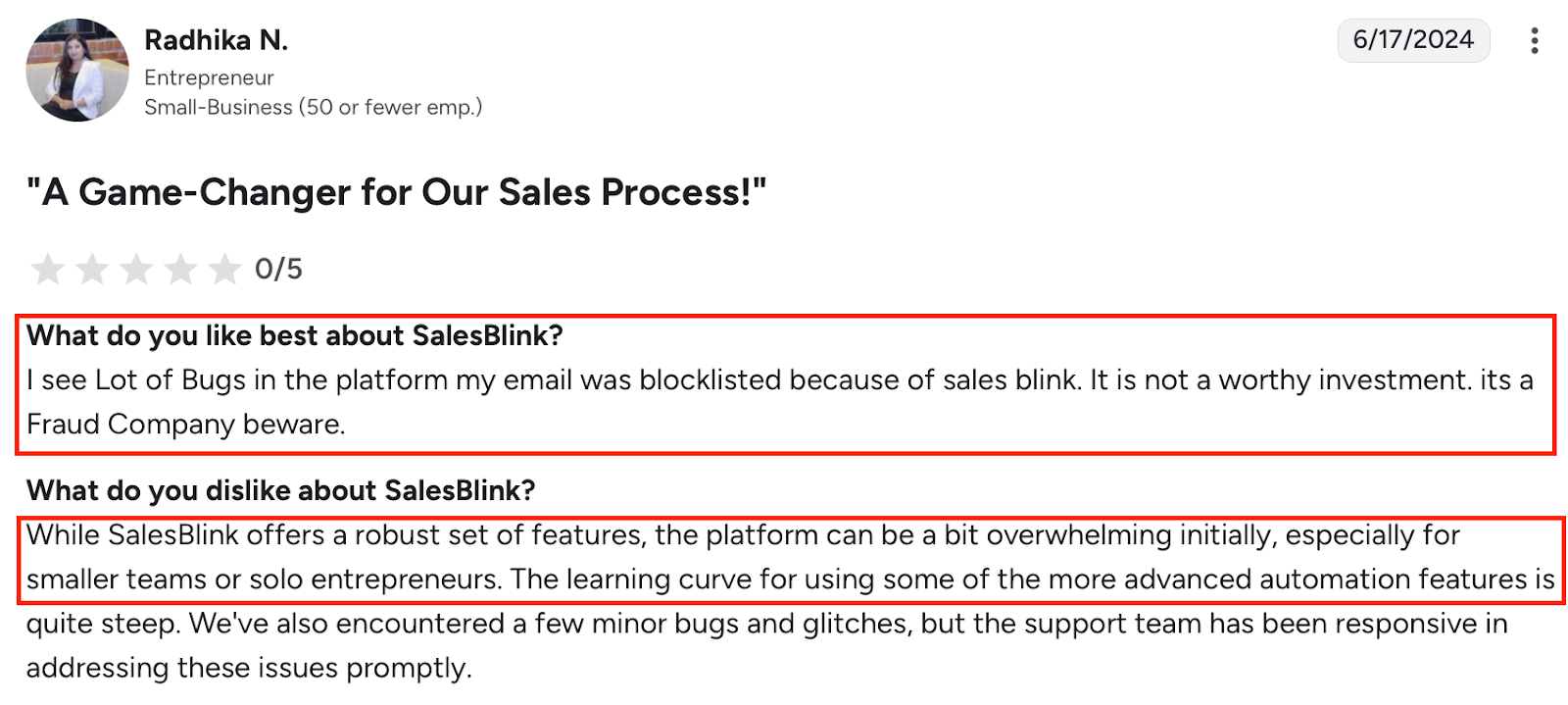 Screenshot of a SalesBlink review mentioning email blocklisting, bugs, steep learning curve, and being overwhelming for small teams