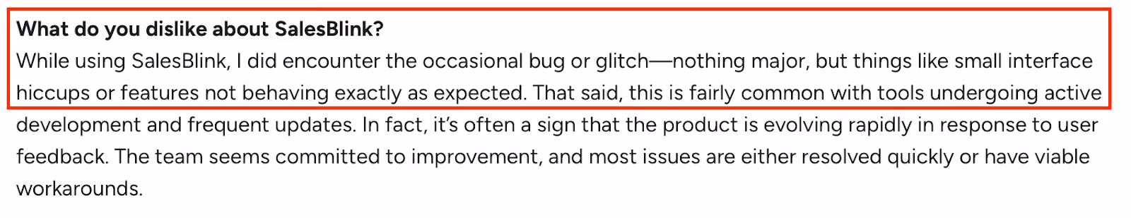 Screenshot of a review noting minor bugs and interface glitches in SalesBlink