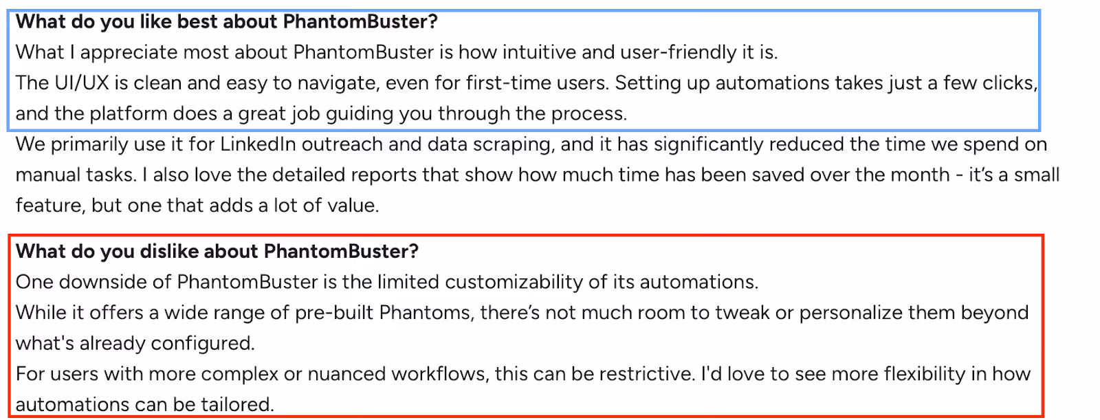 Screenshot of a review praising an intuitive UI but noting limited automation customization of PhantomBuster