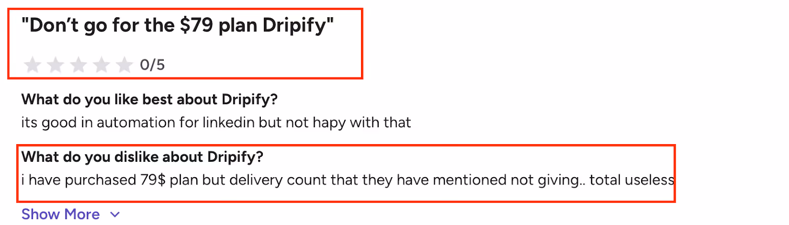 Screenshot of a 0/5 review warning against Dripify’s $79 plan due to unmet delivery counts.