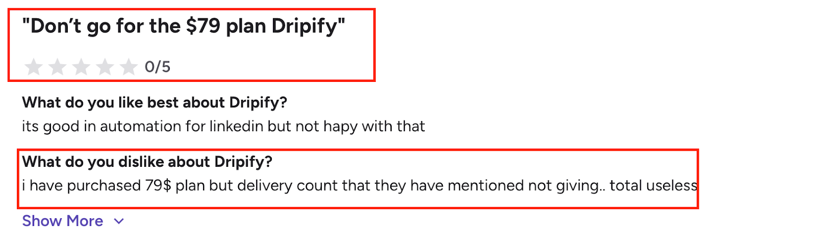 Screenshot of a 0/5 review warning against Dripify’s $79 plan due to unmet delivery counts.