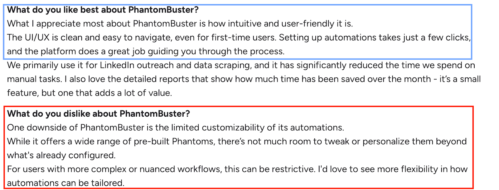 Screenshot of a review praising an intuitive UI but noting limited automation customization of PhantomBuster
