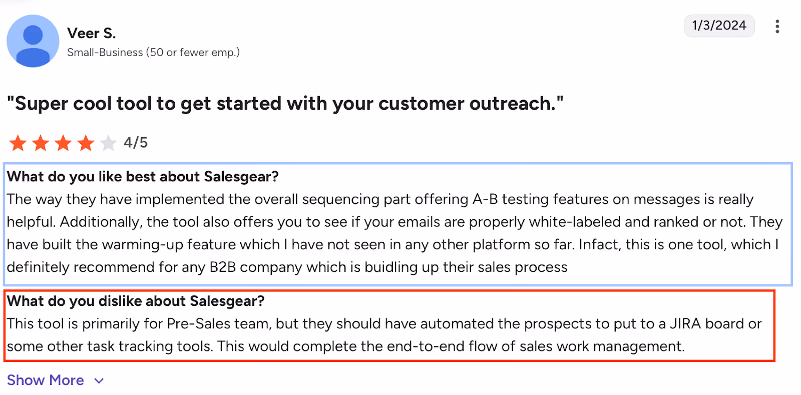 Customer review highlighting Salesgear’s useful A/B testing and email warm-up features, but noting missing automation to push prospects into task tools like Jira.
