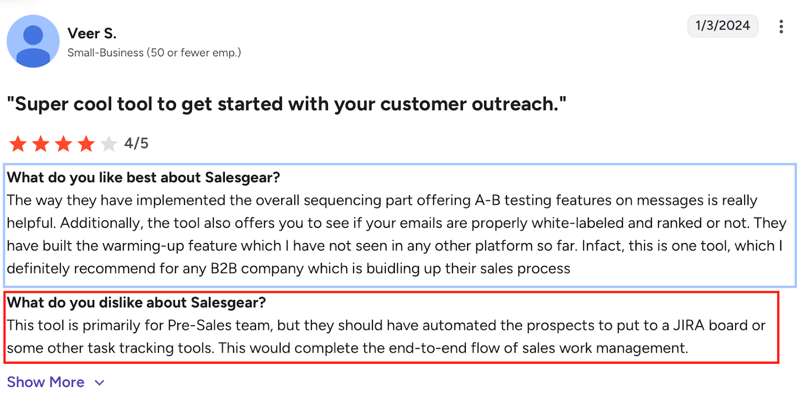 Customer review highlighting Salesgear’s useful A/B testing and email warm-up features, but noting missing automation to push prospects into task tools like Jira.