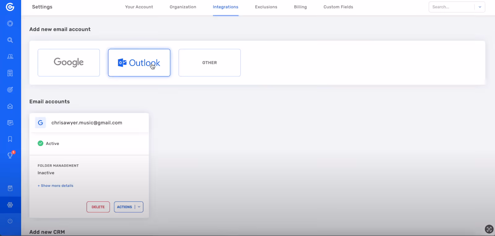 Growbots Dashboard displaying Google, Outlook, and other email integration options