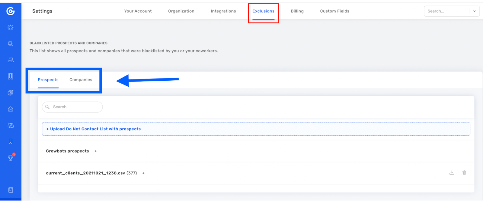Exclusions page with options to view and upload do-not-contact prospects in Growbots