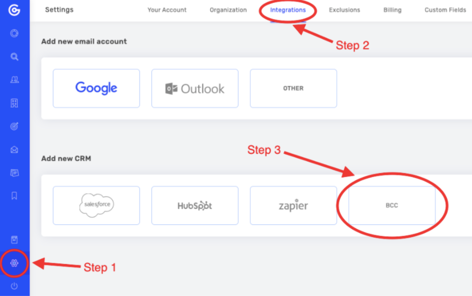 Steps to access Integrations and select the BCC CRM option in Growbots