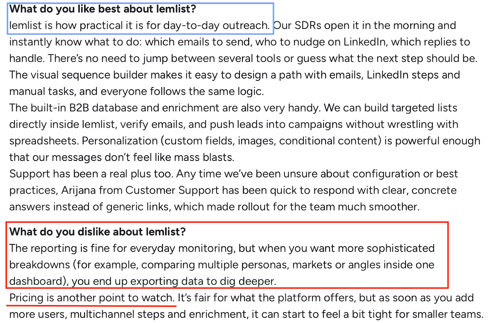 Screenshot of a lemlist review praising daily outreach workflow, sequence builder, and support, while criticizing limited reporting depth and rising costs as teams scale.