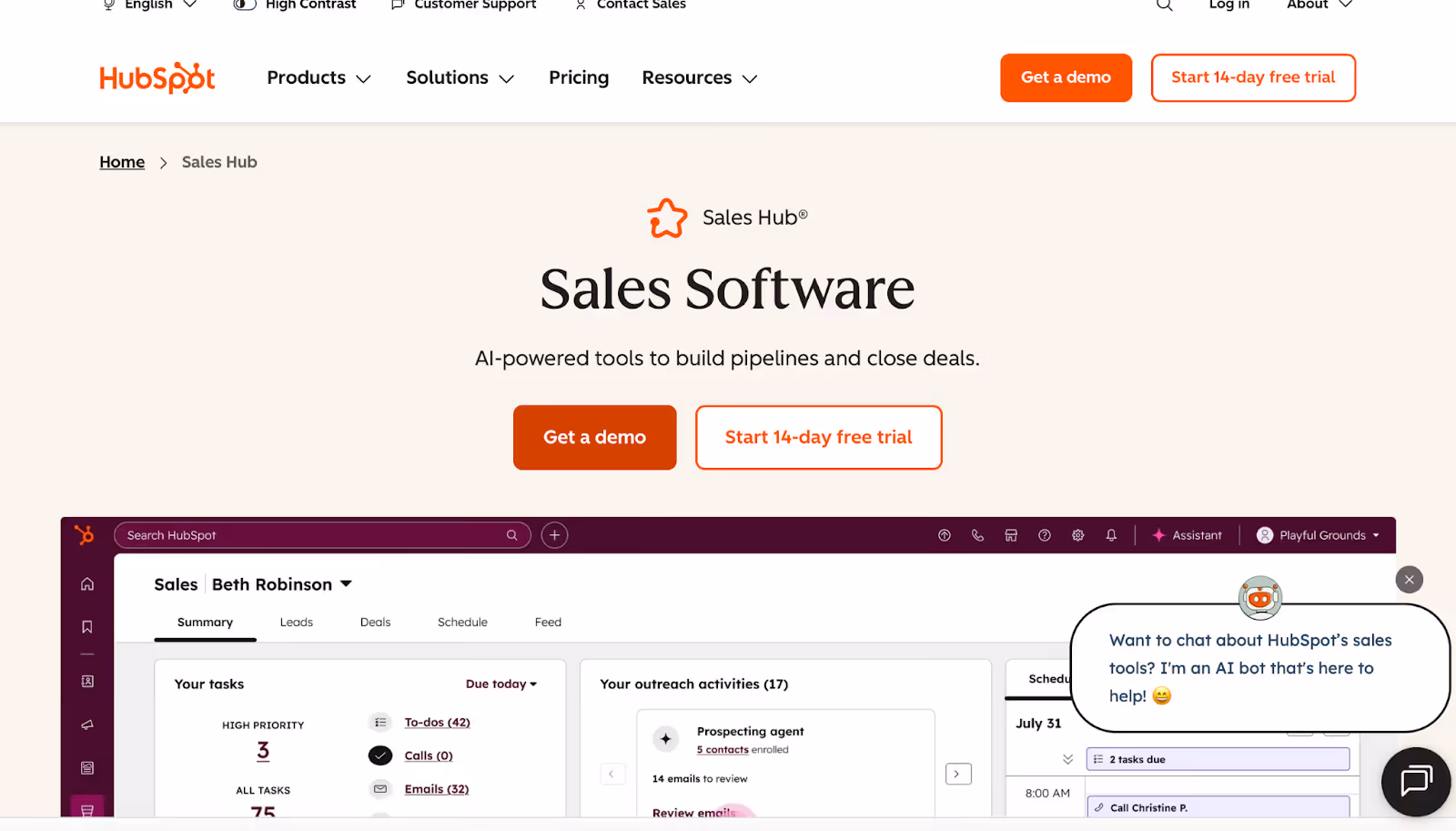 HUbspot Sales Hub Homepage