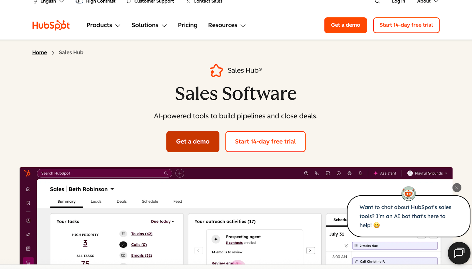 HUbspot Sales Hub Homepage