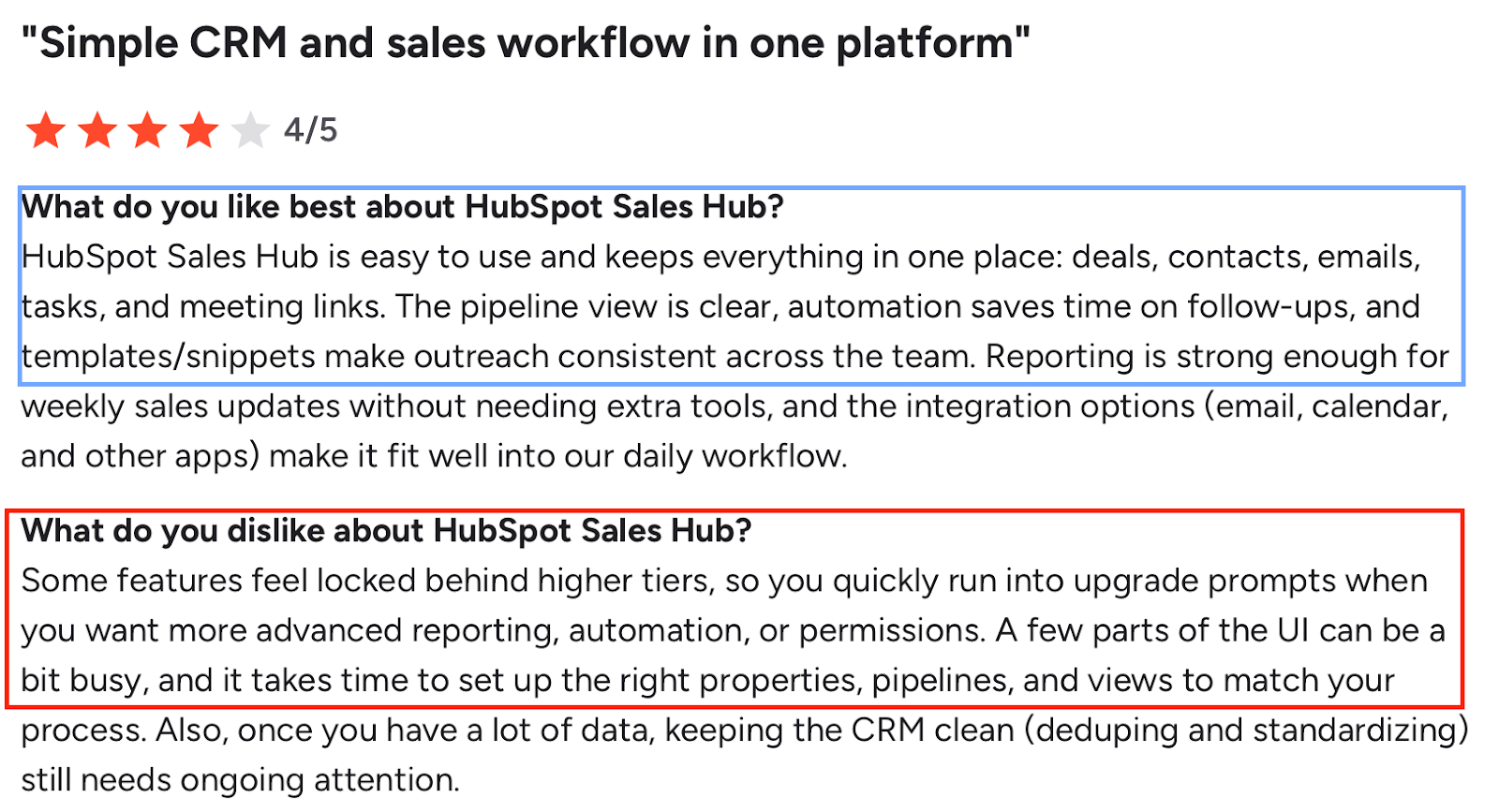 HubSpot Sales Hub praised for ease and workflow integration; drawbacks include feature paywalls and complex setup.