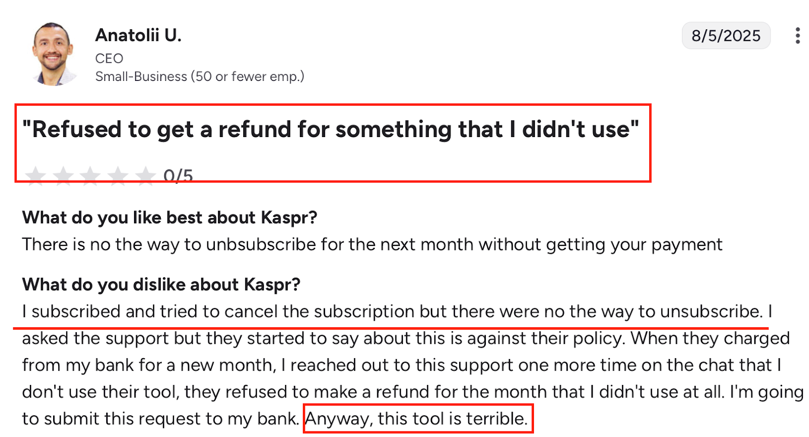 Screenshot of a 0-star on G2 on Kaspr review complaining about forced subscription renewal, denied cancellation, and refused refund for unused service.